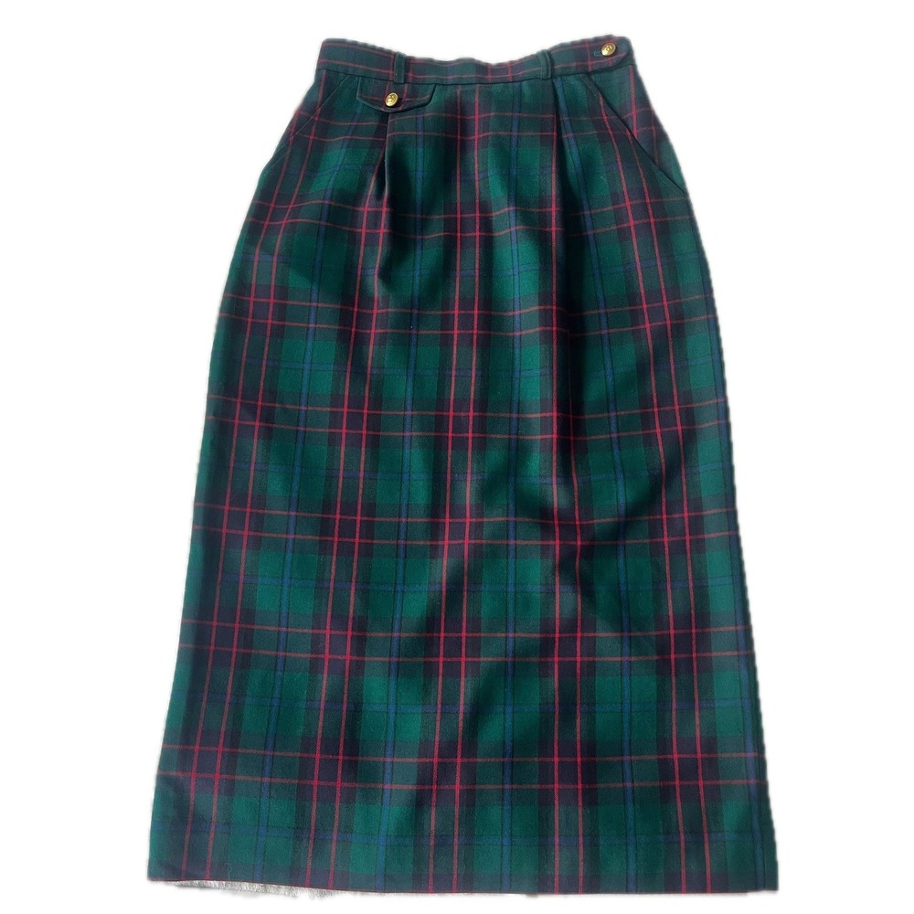Vintage Plaid Midi Skirt Green Red Tartan Wool Blend Sz 8 Fall Prep Academia